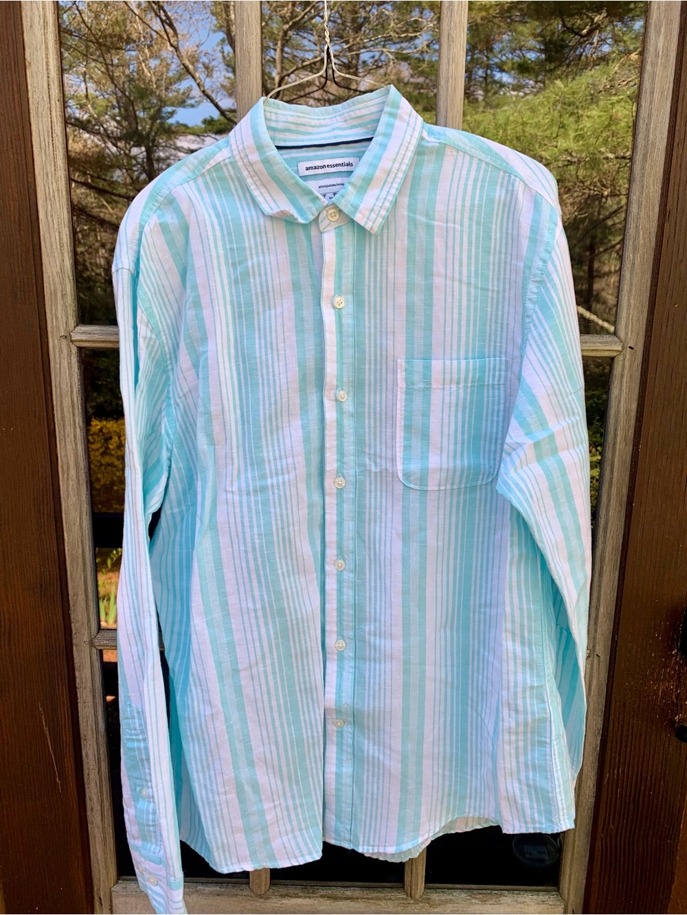 Amazon Essentials Aqua and White Vertical Stripe Button-Down Shirt